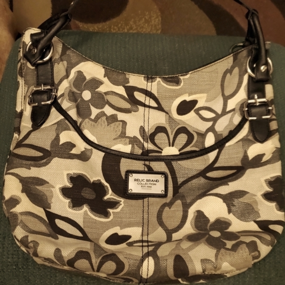 Relic Brand, black, grey & cream handbag.